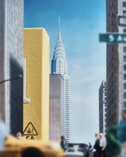 Urban cannabis advertisement features a gold block with a cannabis warning symbol in front of a blurred cityscape and pedestrians.
