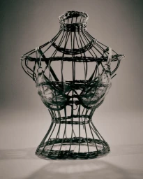 Wire dress form mannequin torso displaying a lingerie bra against a neutral studio background