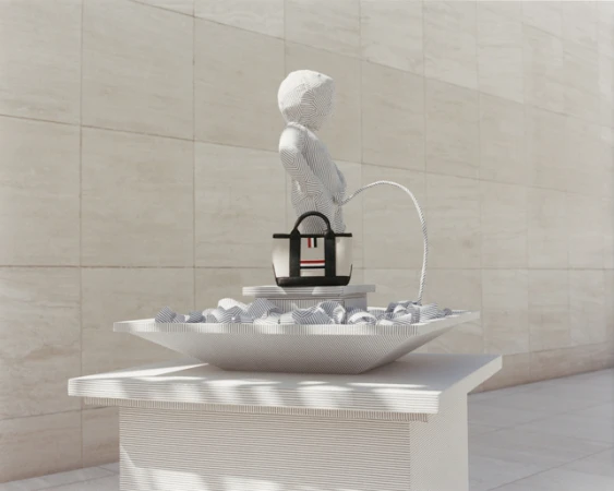 Striking art installation of a statue urinating into a bowl, with a handbag placed next to the statue, all with striped pattern.