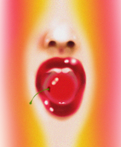 Macro photograph of a person's open mouth with bright red lipstick holding a cherry in their mouth, against a blurred background.