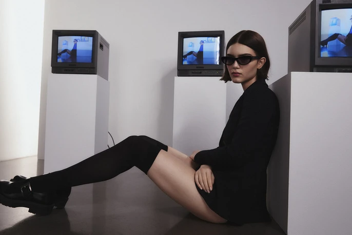 Adult female in a black jacket and sunglasses poses with television sets on pedestals in a white room with dark flooring.