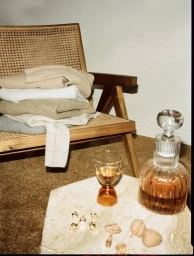 Folded sweaters on a cane chair with a decanter, glass, and dice on a marble table.