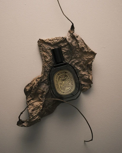 Elegant studio shot of a perfume bottle on a textured leaf against a neutral background, highlighting beauty and product design.
