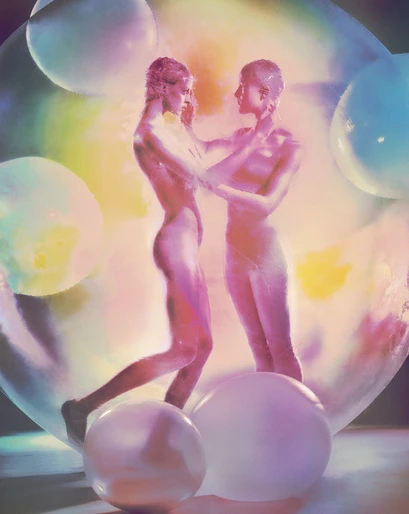 Two figures in close proximity surrounded by floating spheres, rendered in a soft pastel color palette with a dreamlike, ethereal quality.