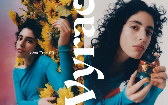 Split-screen portrait of a young woman in a blue top, holding perfume, with sunflowers and large white text overlay.