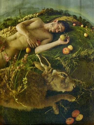 Artistic oil painting of a nude adult male figure reclining on a grassy hill next to a brown hare among scattered apples.