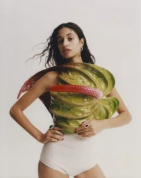 Model wearing a sculptural botanical leaf top and cream shorts against a plain white background