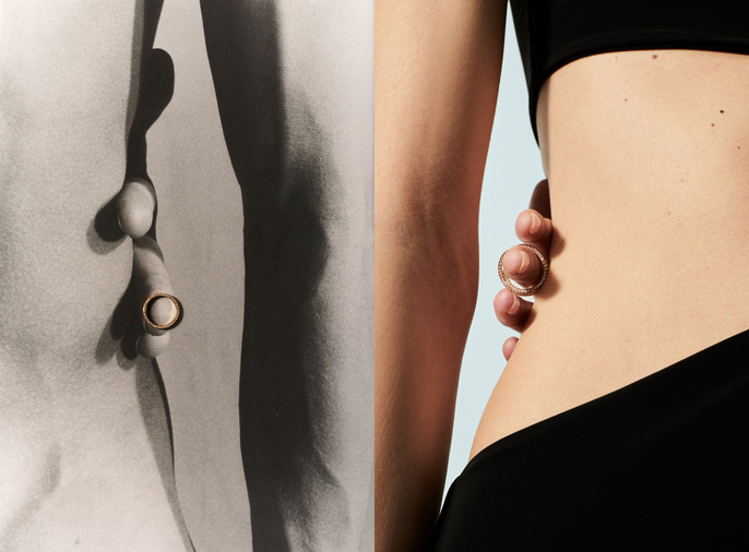 Close-up studio shot of a slim adult female wearing black bottoms, showcasing a gold ring held against her midriff in two different shots.