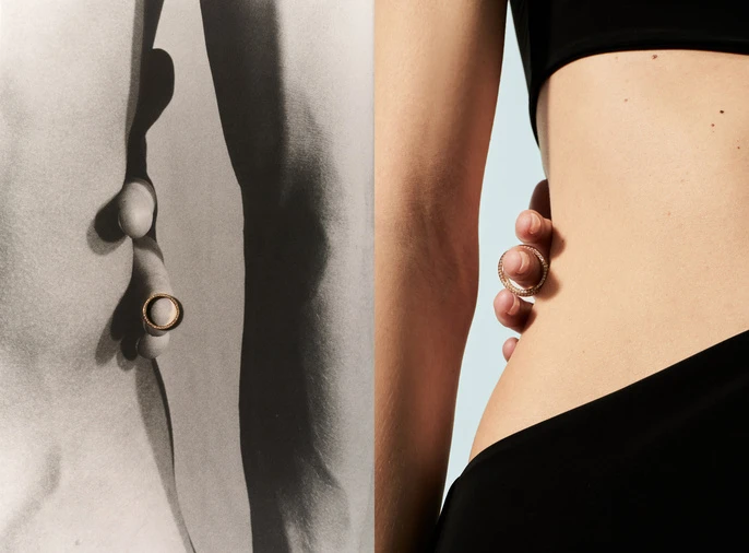 Close-up studio shot of a slim adult female wearing black bottoms, showcasing a gold ring held against her midriff in two different shots.
