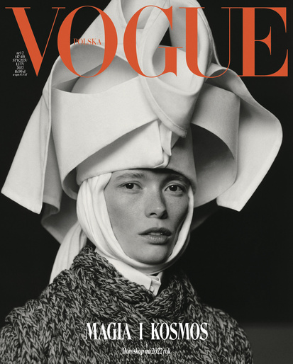 Vogue Polska cover featuring a woman with fair skin and light hair wearing a knit garment and a sculptural white headpiece.