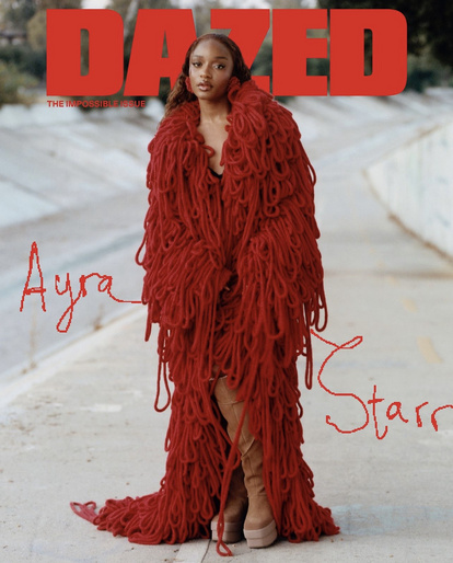 Magazine cover featuring Ayra Starr in a striking red textured outfit, posing against an outdoor backdrop with blurred greenery.