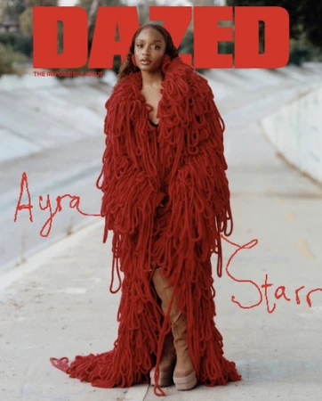 Magazine cover featuring Ayra Starr in a striking red textured outfit, posing against an outdoor backdrop with blurred greenery.