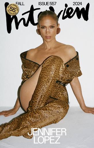 Jennifer Lopez is seen on the cover of Interview magazine Fall Issue 557 in a leopard print outfit against a white background.