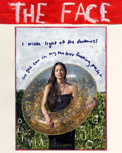 Album cover art features Olivia Rodrigo in an inner tube, centered in a red frame with artistic text and illustrative elements.