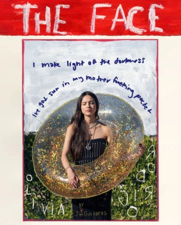Album cover art features Olivia Rodrigo in an inner tube, centered in a red frame with artistic text and illustrative elements.