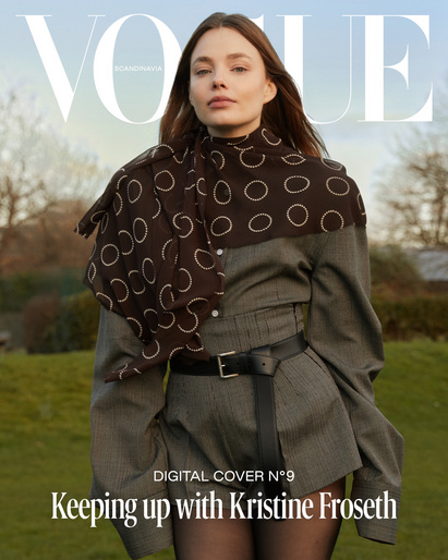 Vogue Scandinavia cover featuring Kristine Froseth in a grey tailored outfit with a patterned scarf outdoors in a grassy setting.