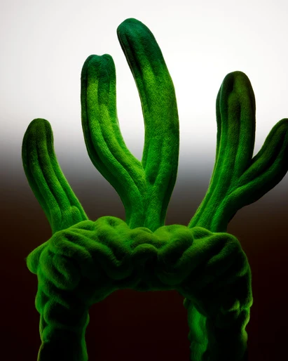 Abstract fractal art rendering featuring a biomorphic green element with a complex, organic, textured structure against a gradient background.