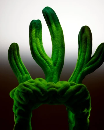 Abstract fractal art rendering featuring a biomorphic green element with a complex, organic, textured structure against a gradient background.