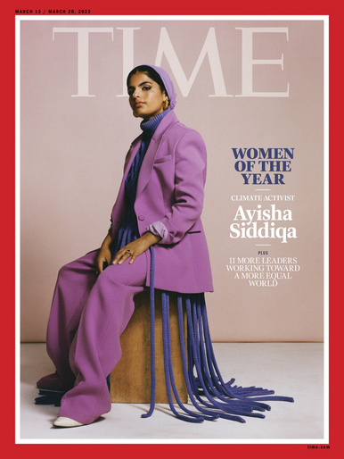 TIME magazine cover featuring Ayisha Siddiqa, climate activist, in a lavender suit and head covering, seated on a wooden box.