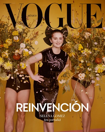 Vogue Mexico cover featuring Selena Gomez in a black embellished dress, surrounded by flowers, with a yellow backdrop and magazine text.