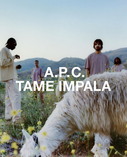 Fashion campaign featuring five people wearing light pink and tan clothing outdoors on a grassy hill alongside an alpaca.