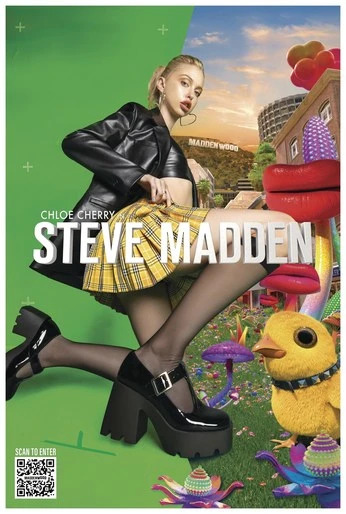 Chloe Cherry poses in Steve Madden ad wearing platform Mary Janes, yellow plaid skirt, and black leather jacket against a green screen.
