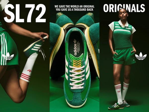 Adidas Originals ad featuring a woman in sportswear and a close-up of a green and white SL72 sneaker against a green backdrop.