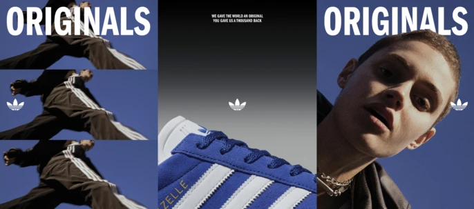 Adidas Originals ad featuring a sneaker close-up, and a person posing against a blue sky, showcasing the brand's fashion appeal.