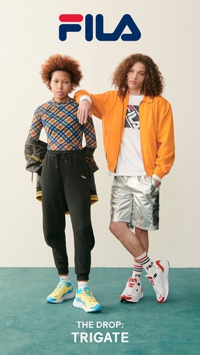 Fila campaign featuring two fashion models showcasing athletic apparel, including tracksuits and running shoes, against a neutral backdrop.