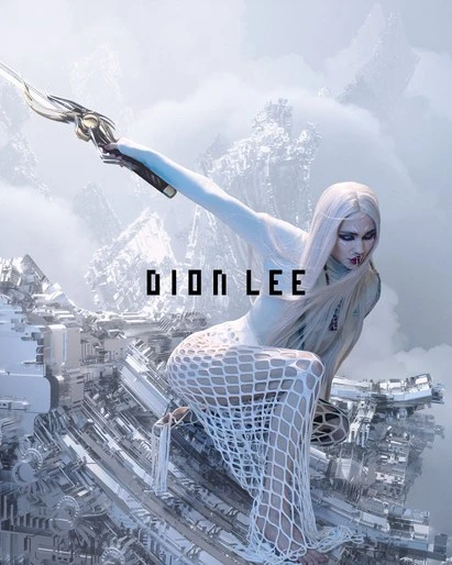 A model with long white hair poses in a white outfit, against a futuristic background, while holding a stylized dagger.