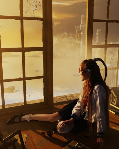 Young adult female in school uniform sits near a broken window looking out at a decaying urban skyline during golden hour light.