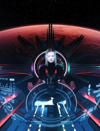 Futuristic rendering of a woman in a meditative pose on a spaceship with a red planet in the background, blending technology and serenity.