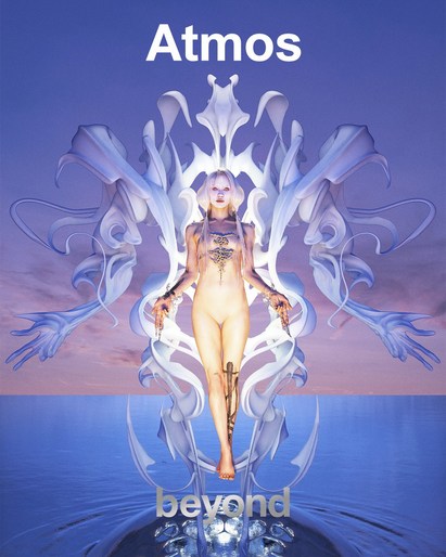 Surreal album cover with a nude woman standing on water, geometric patterns, and a dreamy blue and pink sky.