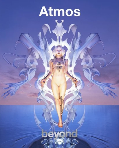 Surreal album cover with a nude woman standing on water, geometric patterns, and a dreamy blue and pink sky.