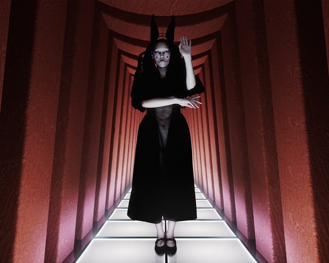 A woman with theatrical makeup and bunny ears poses in a red-toned tunnel with a glowing white floor, creating an edgy fashion statement.
