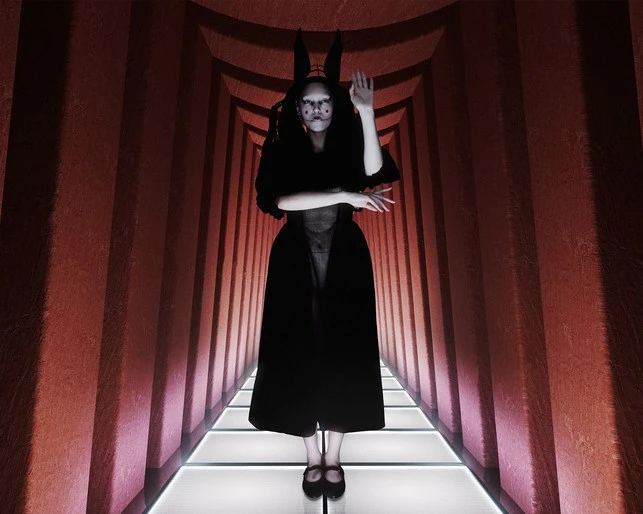 A woman with theatrical makeup and bunny ears poses in a red-toned tunnel with a glowing white floor, creating an edgy fashion statement.