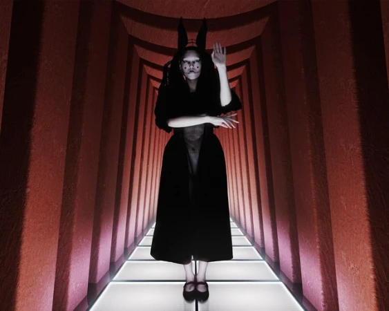 A woman with theatrical makeup and bunny ears poses in a red-toned tunnel with a glowing white floor, creating an edgy fashion statement.