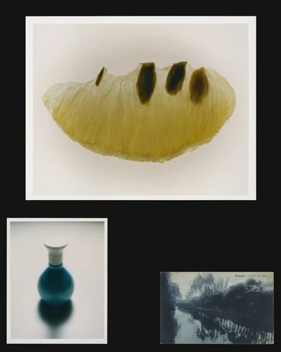 Still life featuring translucent citrus fruit slice, a blue spherical vase, and a landscape image on a black background.