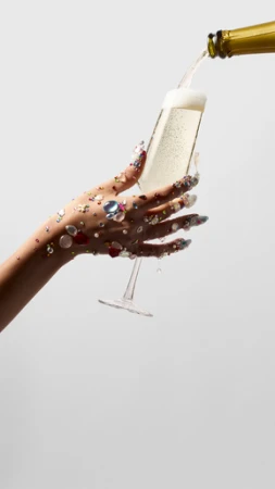 Champagne is poured into a glass held by a person with elaborate nail art and gem-covered hand against a plain, light background.