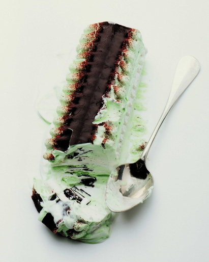 Rectangular ice cream cake with chocolate topping, silver spoon, mint green ice cream, and dark chocolate on a white background.
