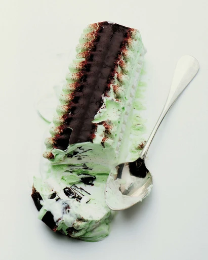 Rectangular ice cream cake with chocolate topping, silver spoon, mint green ice cream, and dark chocolate on a white background.