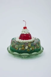 An ornate moulded jelly dessert with olives and radishes, topped with whipped cream and a cherry on a green glass pedestal plate.
