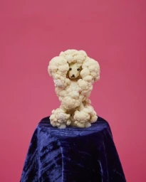 A sculpted cauliflower poodle sculpture resting on a blue velvet draped pedestal against a solid pink background.