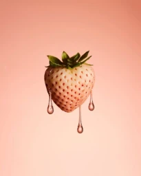 A pale strawberry with green leaves against a peach background, with clear liquid droplets dripping from its base.
