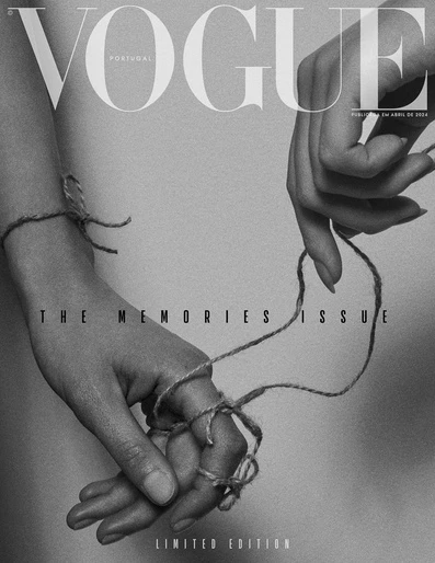Black and white Vogue Portugal cover featuring two human hands intertwined with string, creating an intimate and minimalist aesthetic.