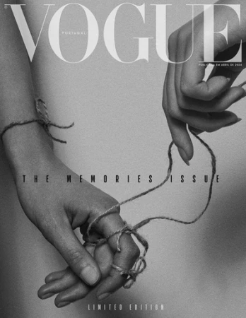 Black and white Vogue Portugal cover featuring two human hands intertwined with string, creating an intimate and minimalist aesthetic.