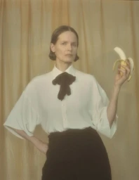 Woman in white shirt with black bow tie holding a peeled banana against a draped yellow background