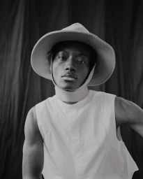 Portrait of a Black man wearing a wide-brimmed bucket hat and a white sleeveless shirt against a dark backdrop