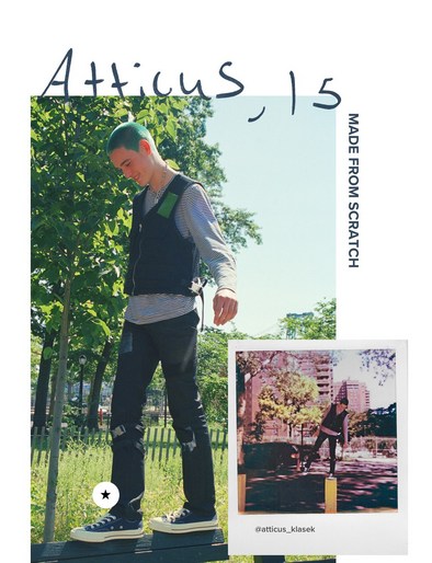 Young man in fashion vest and jeans posing on wooden beam in park, captured in a stylized composite with polaroid and handwritten text.