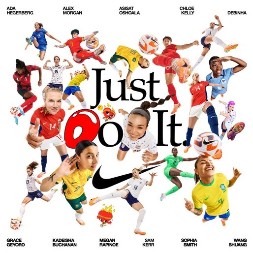 Group of women's soccer players wearing different national team jerseys in a dynamic, composite image with a Nike logo and 'Just Do It' text.